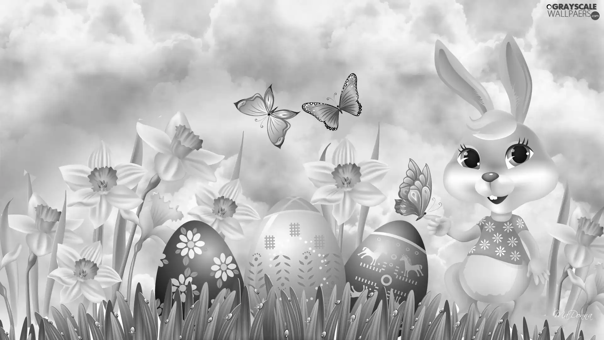 eggs, Easter, rabbit, Daffodils, butterfly, color
