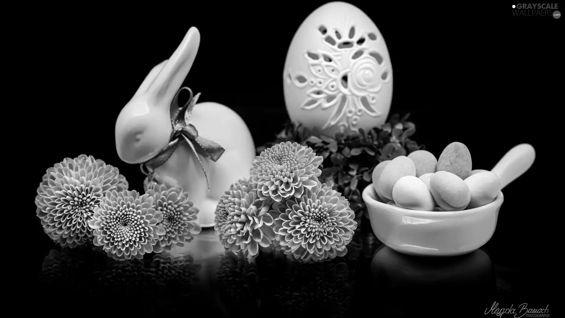 Chrysanthemums, composition, eggs, Flowers, Easter, Easter egg, rabbit