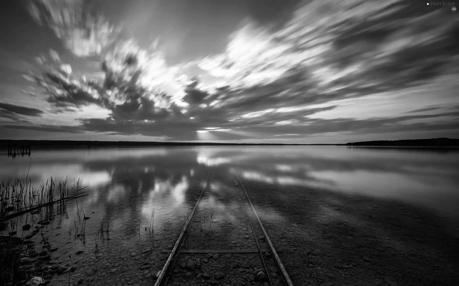 clouds, lake, rails, reflection, Great Sunsets, Sky