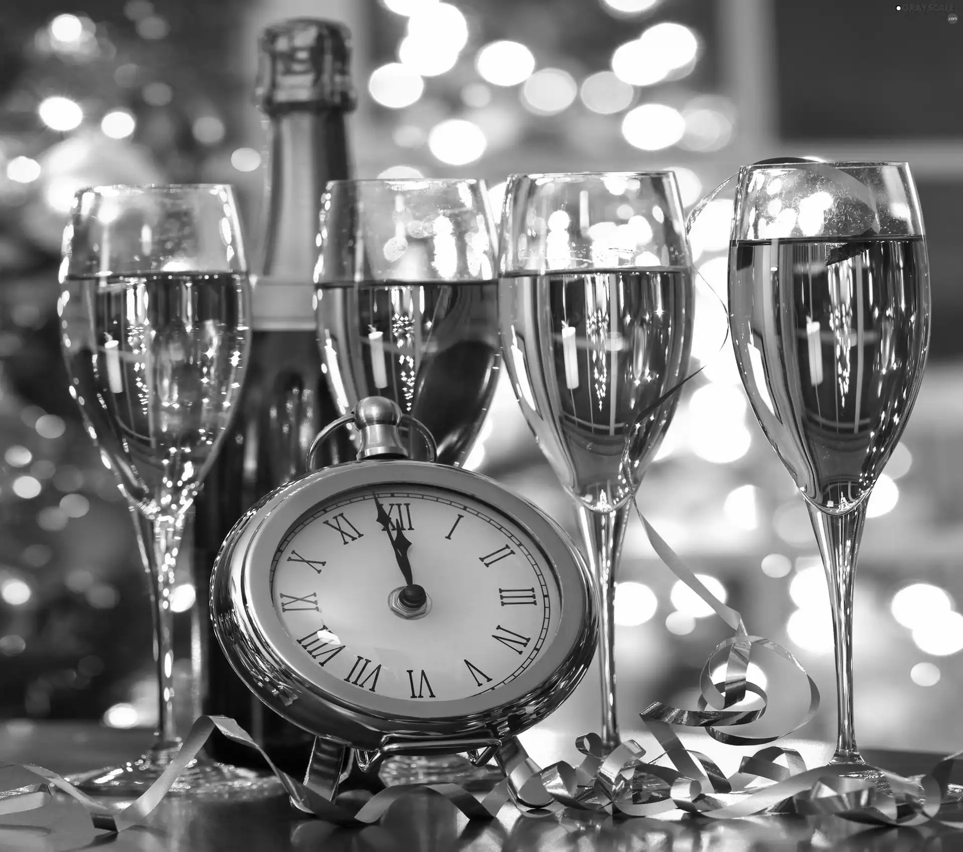Clock, Lights, ribbon, Champagne