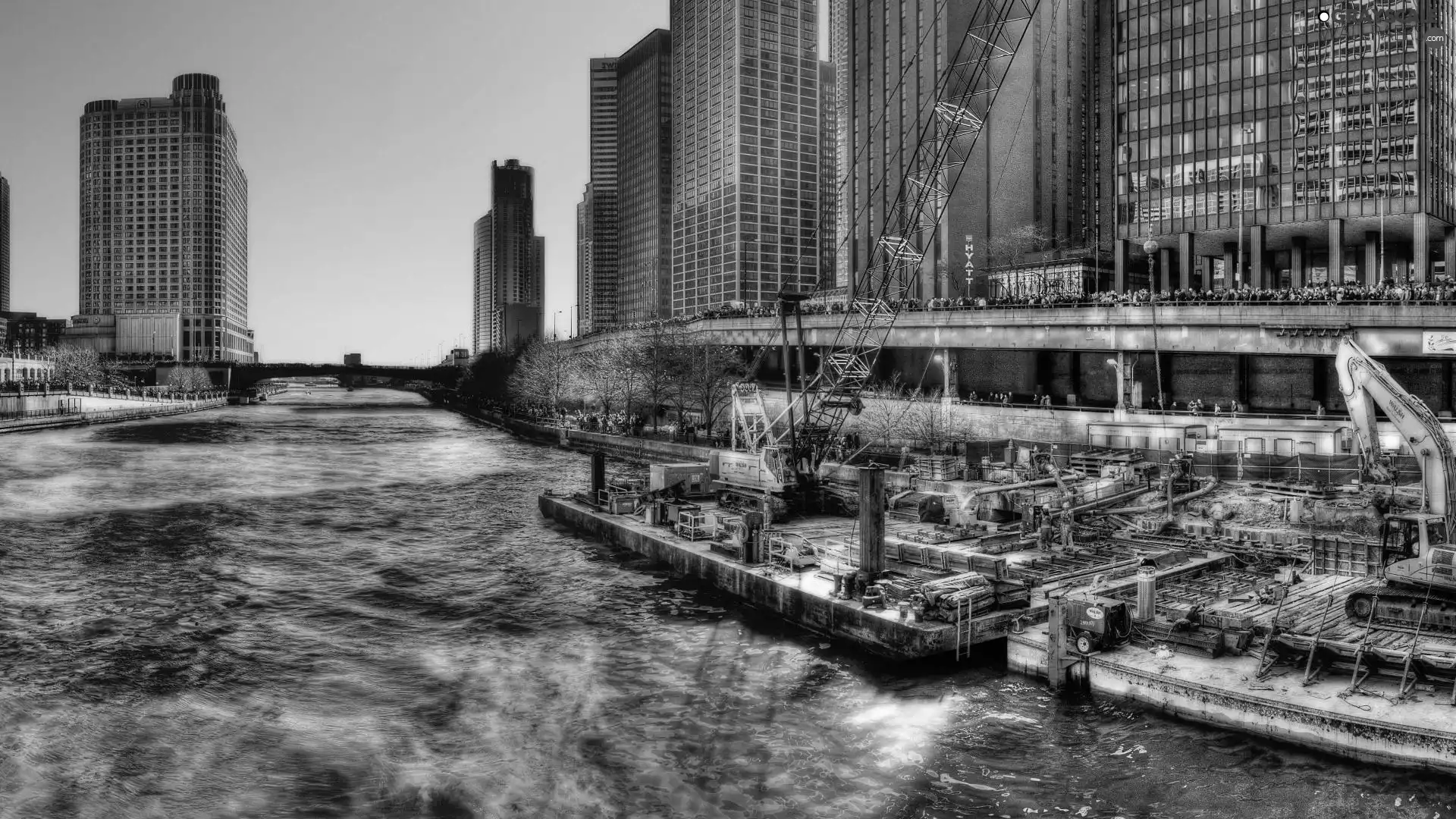 crane, excavator, Chicago, River, The United States