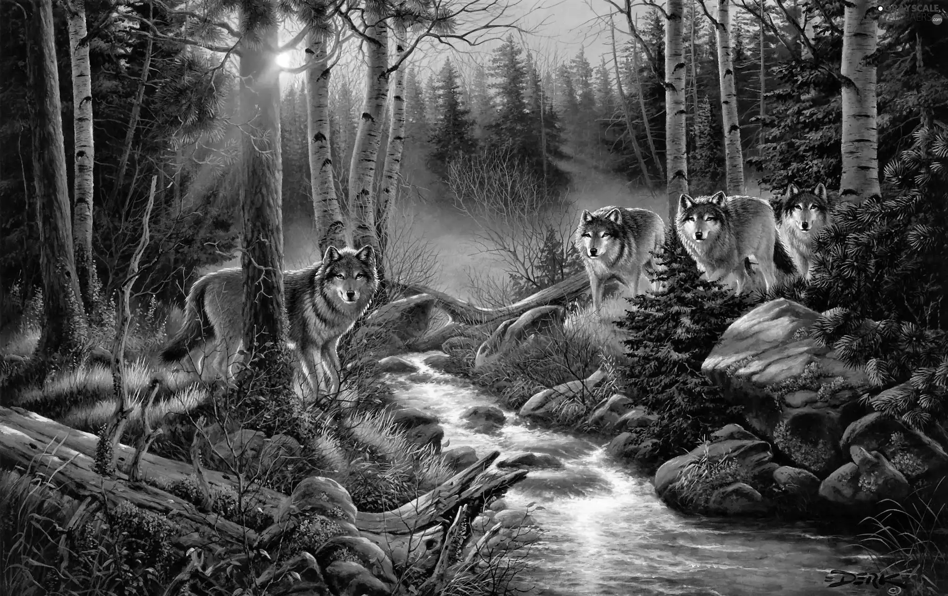 River, wolves, forest