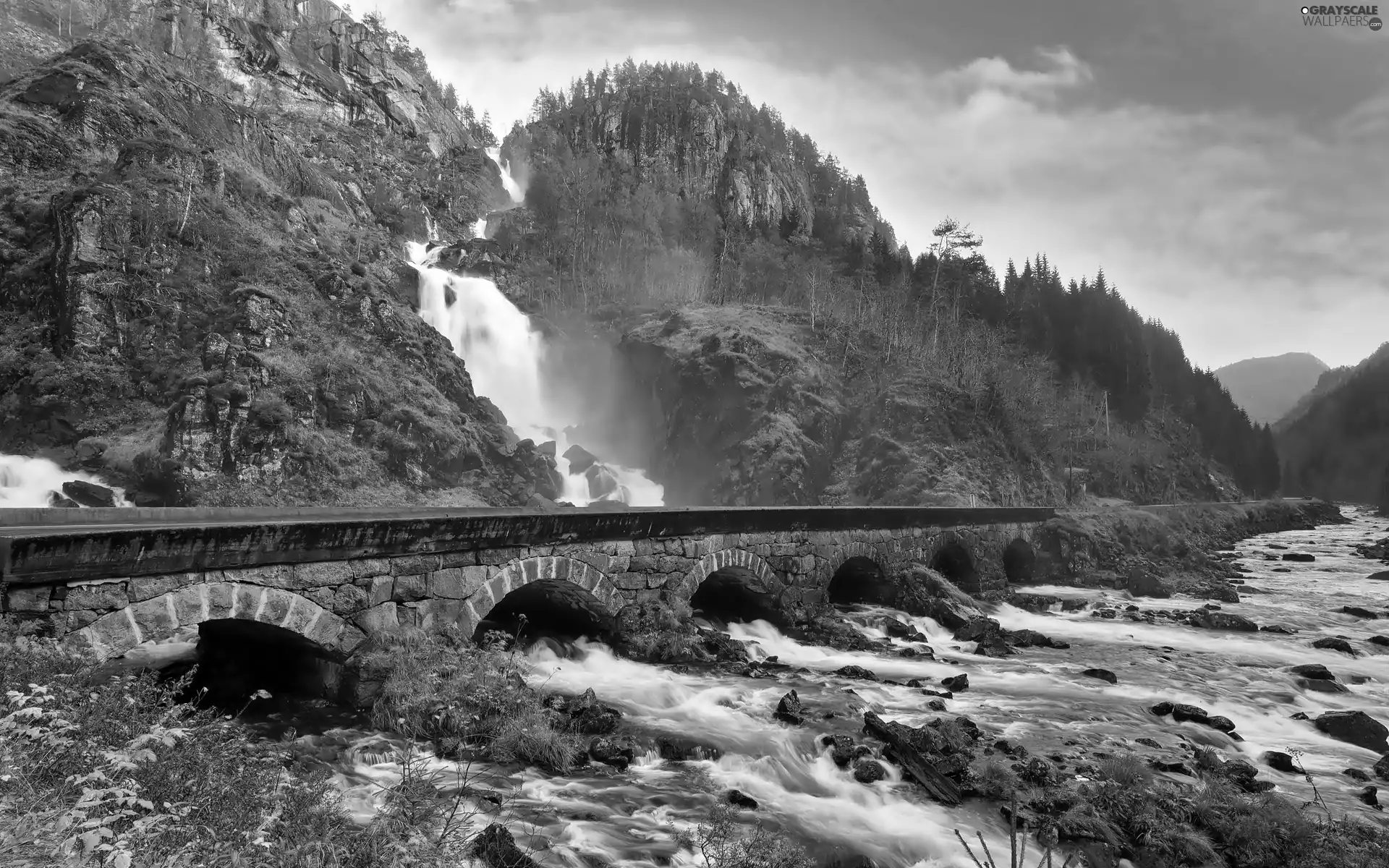 Laatefoss, forest, bridge, waterfall, Mountains, River, Odda