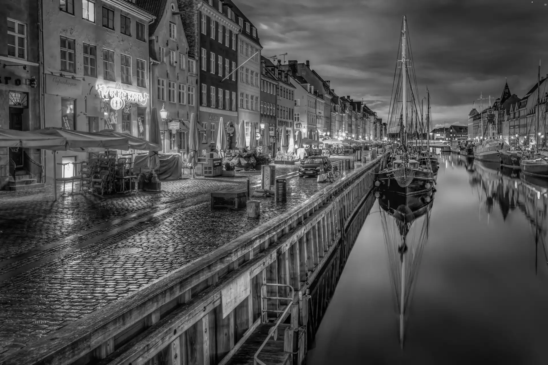 Ship, City at Night, Denmark, River, Houses, Copenhagen, port