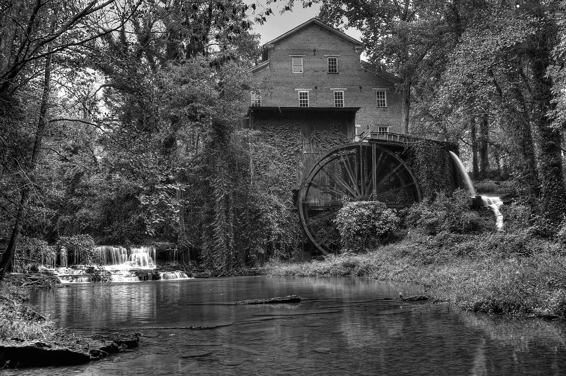River, Old car, trees, viewes, cascade, Windmill