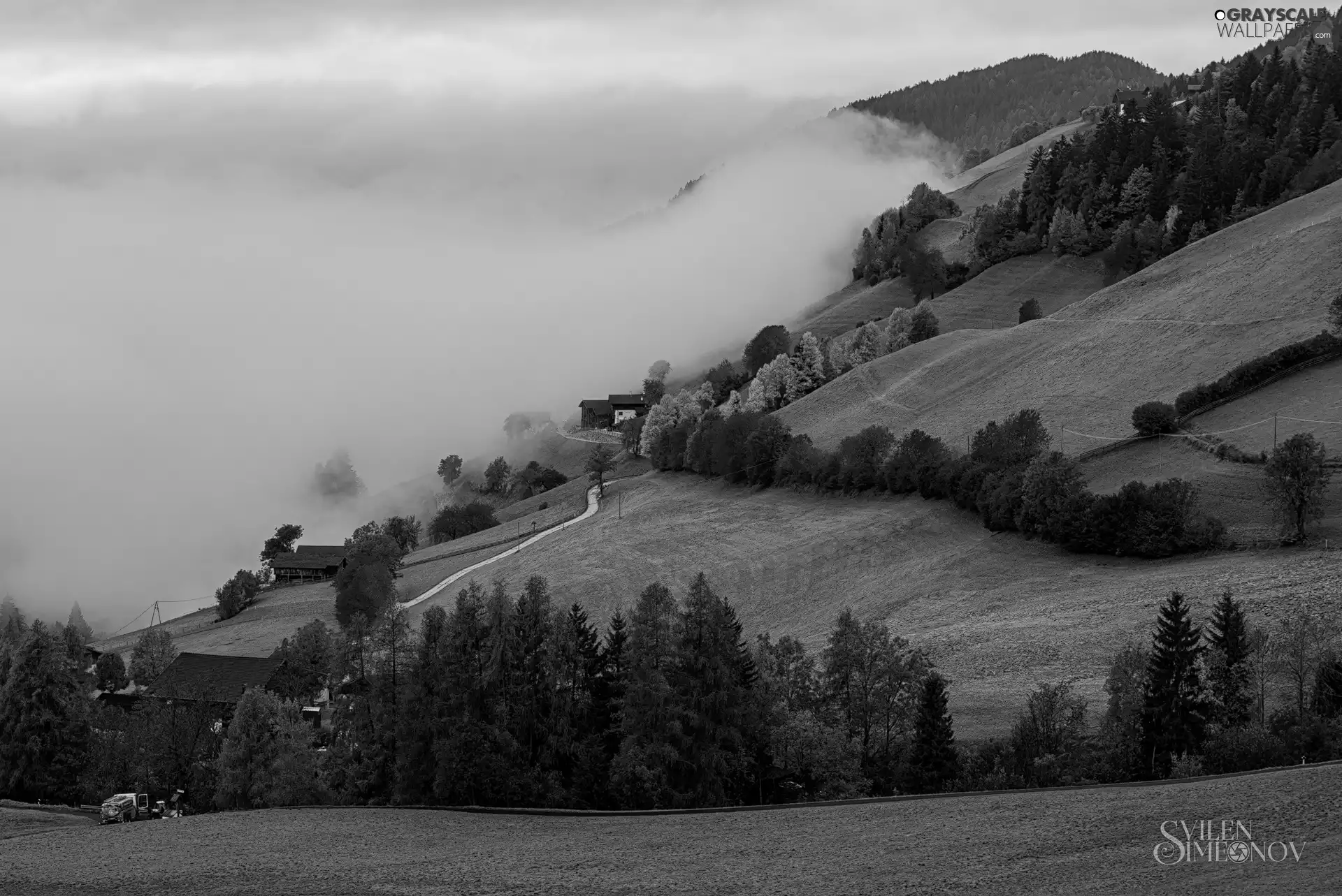 Fog, autumn, viewes, Houses, trees, Hill, Mountains, roads