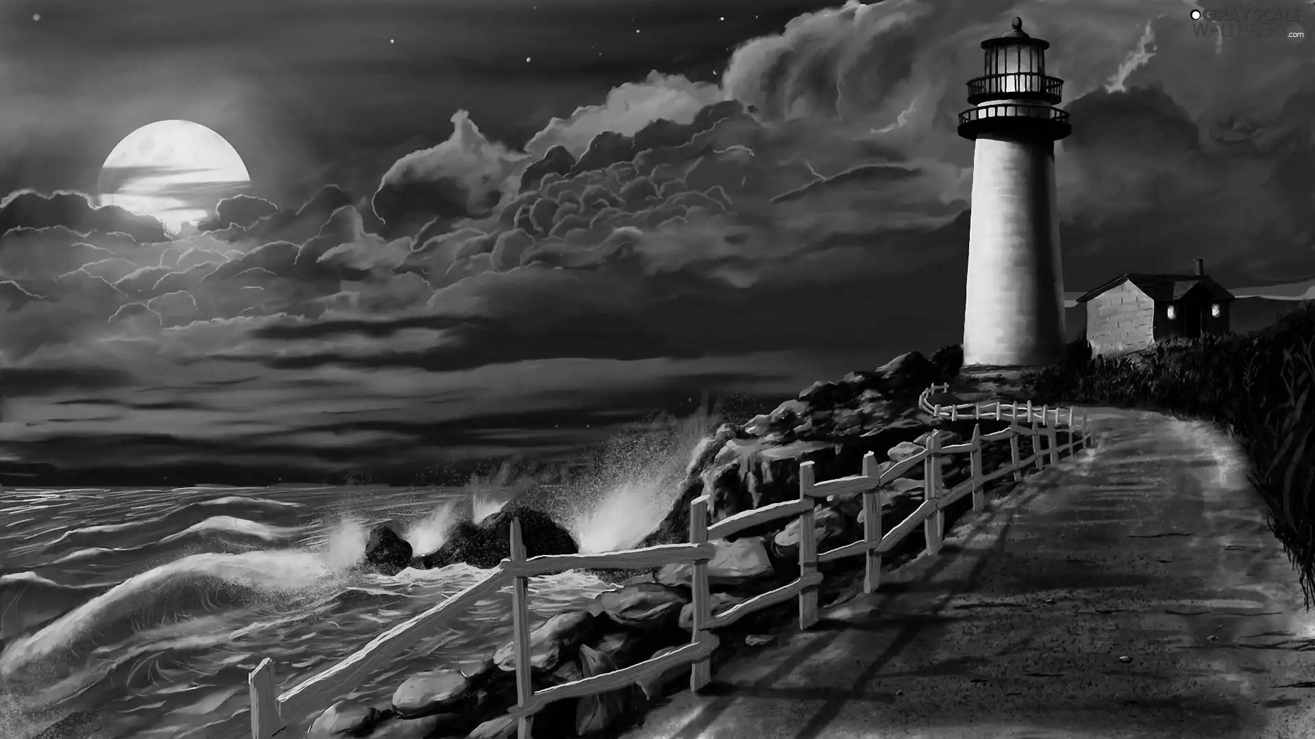 sea, rocks, graphics, moon, clouds, maritime, Lighthouse, Night