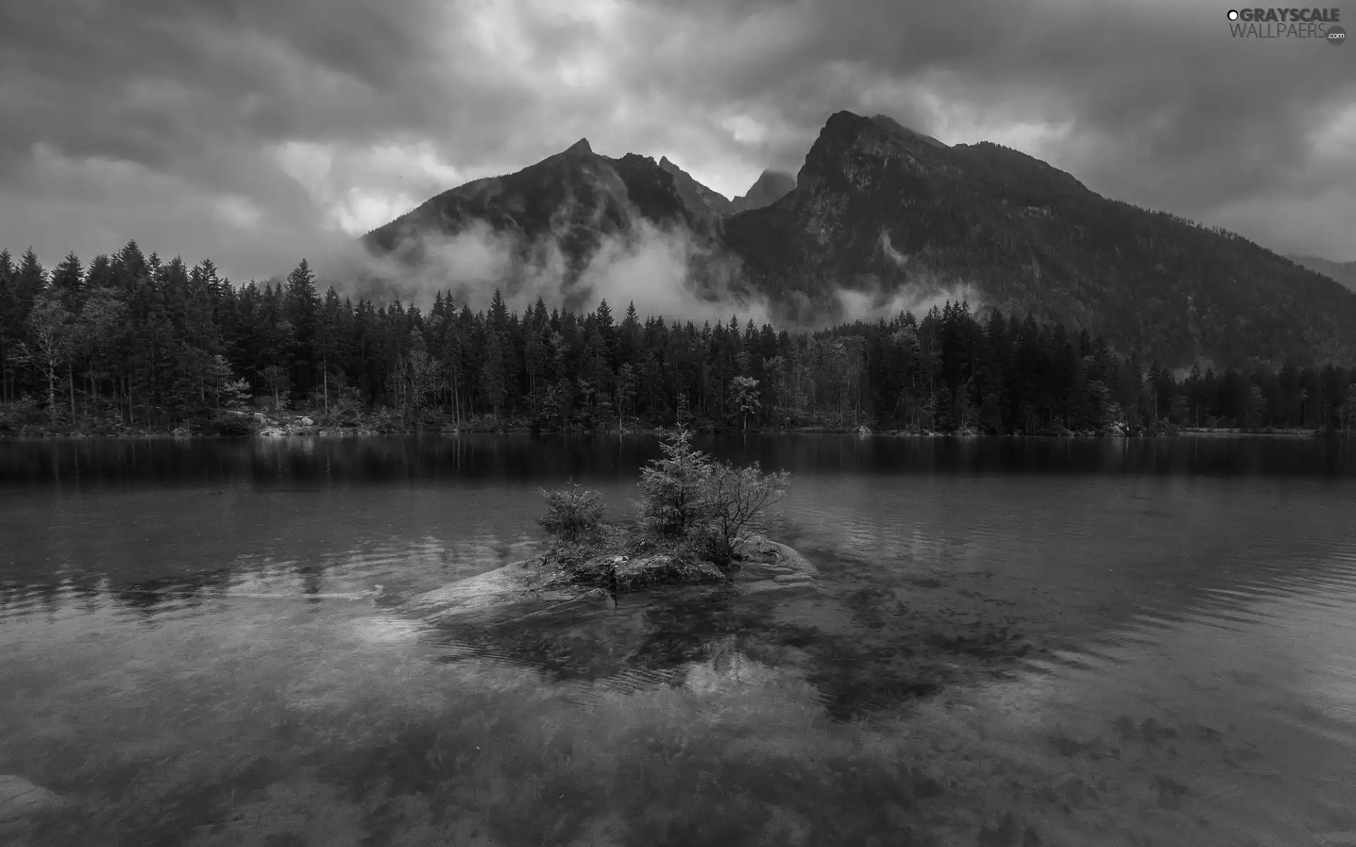 Rocks, lake, Islet, forest, reflection, clouds, viewes, Mountains, trees