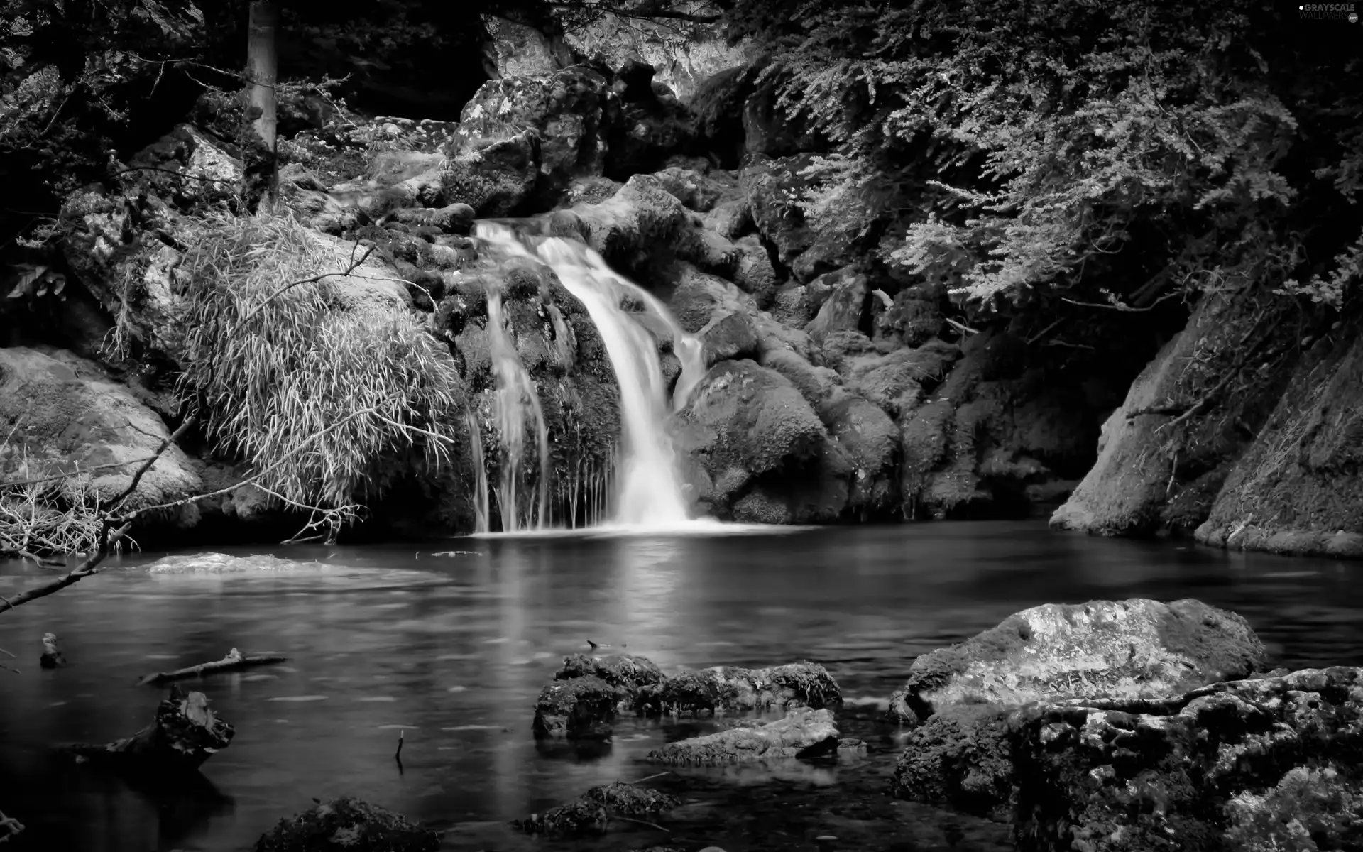 rocks, River, waterfall