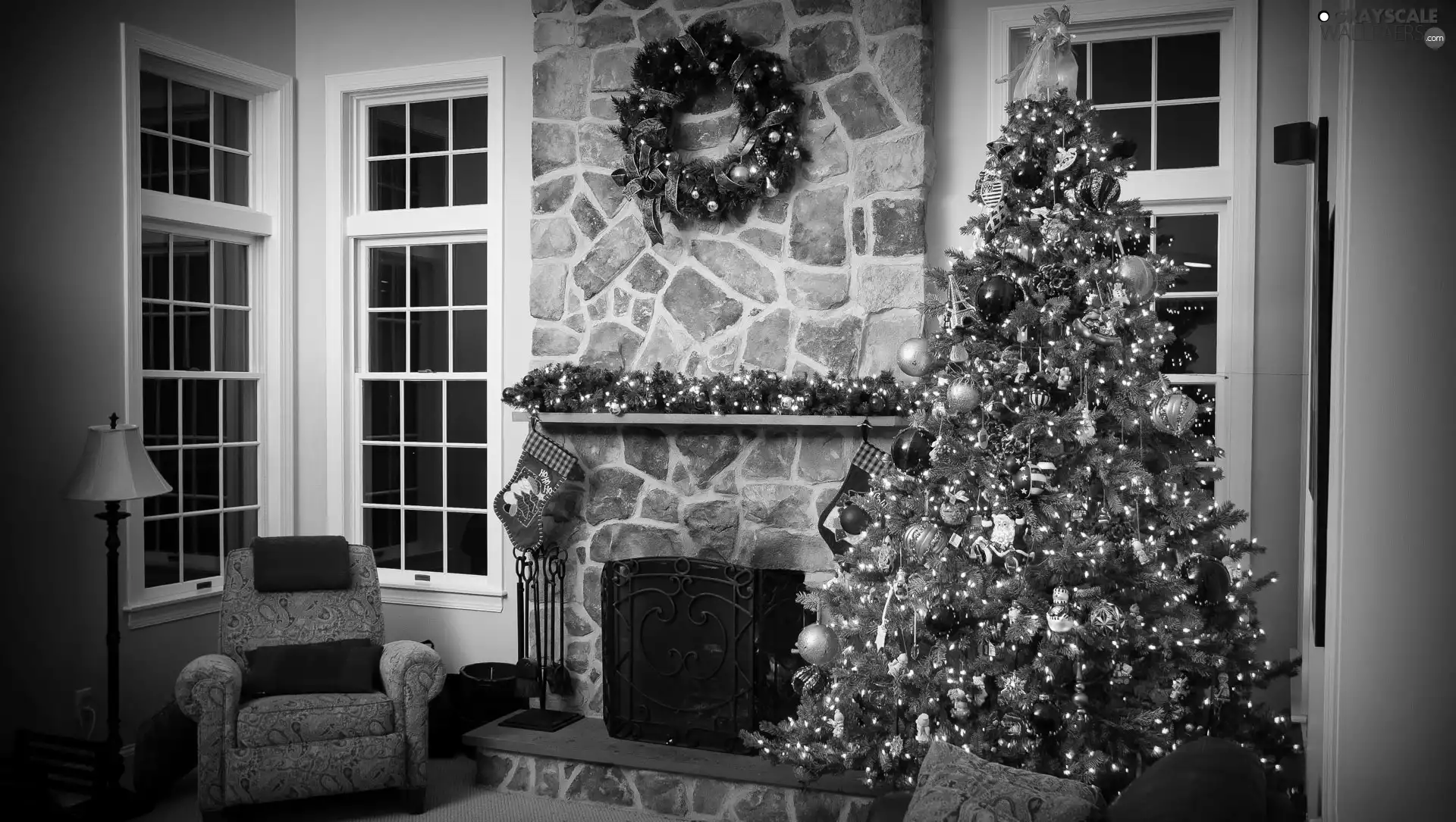 christmas tree, Christmas, Armchair, Lamp, burner chimney, Room