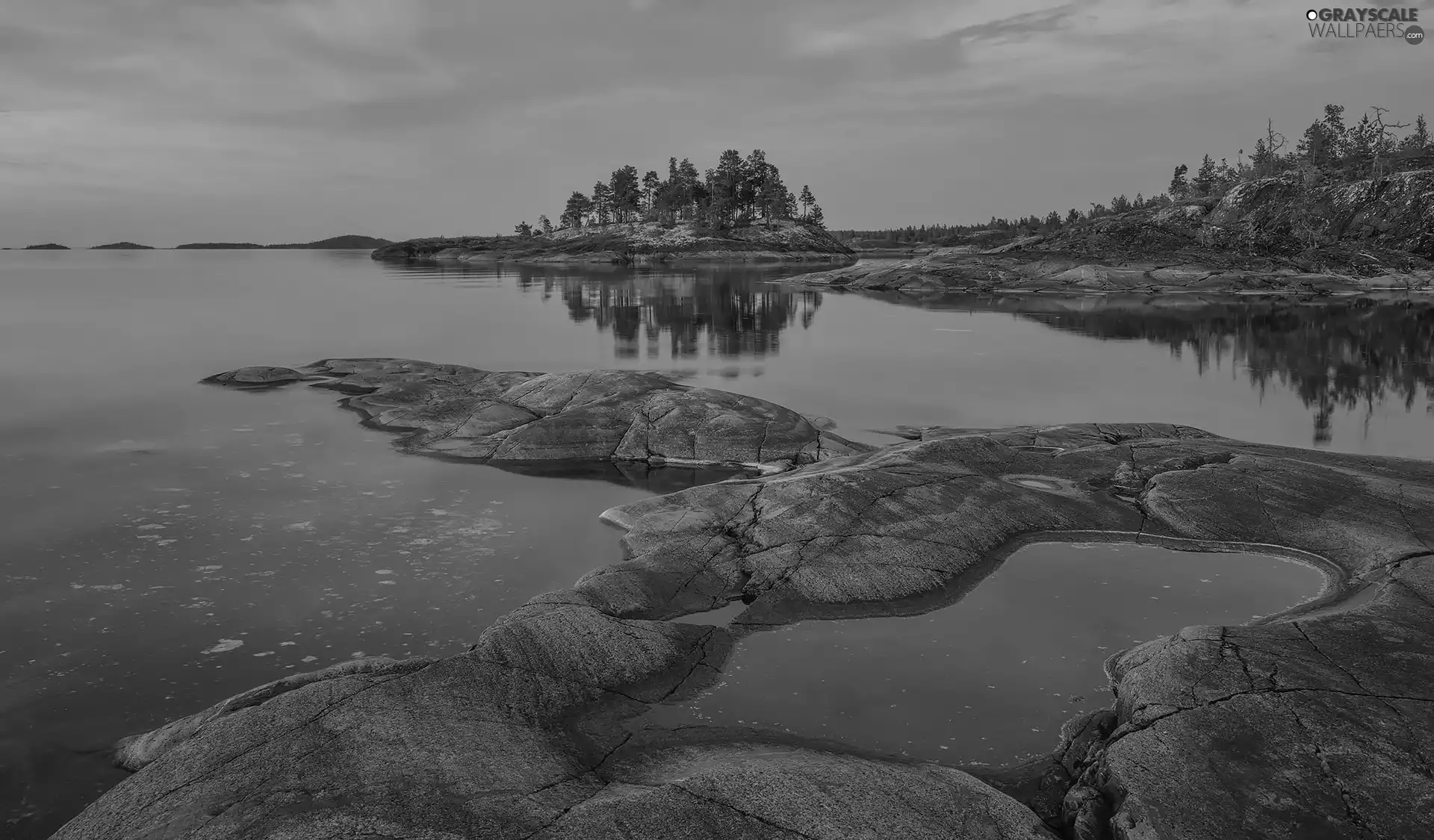 viewes, rocks, Sky, trees, Lake Ladoga, Pinkish, Russia
