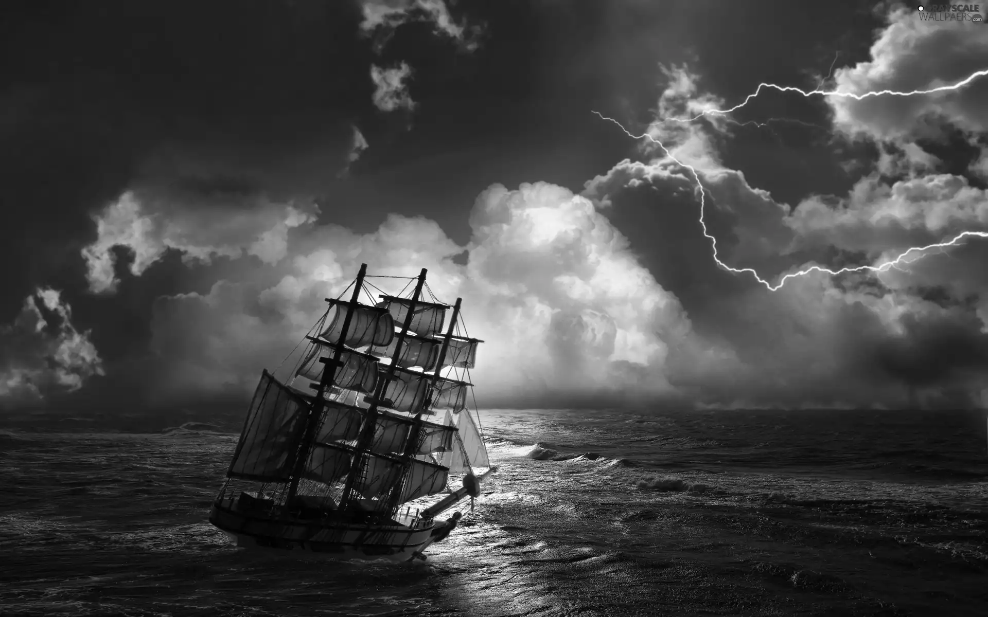 Storm, sea, sailing vessel, clouds
