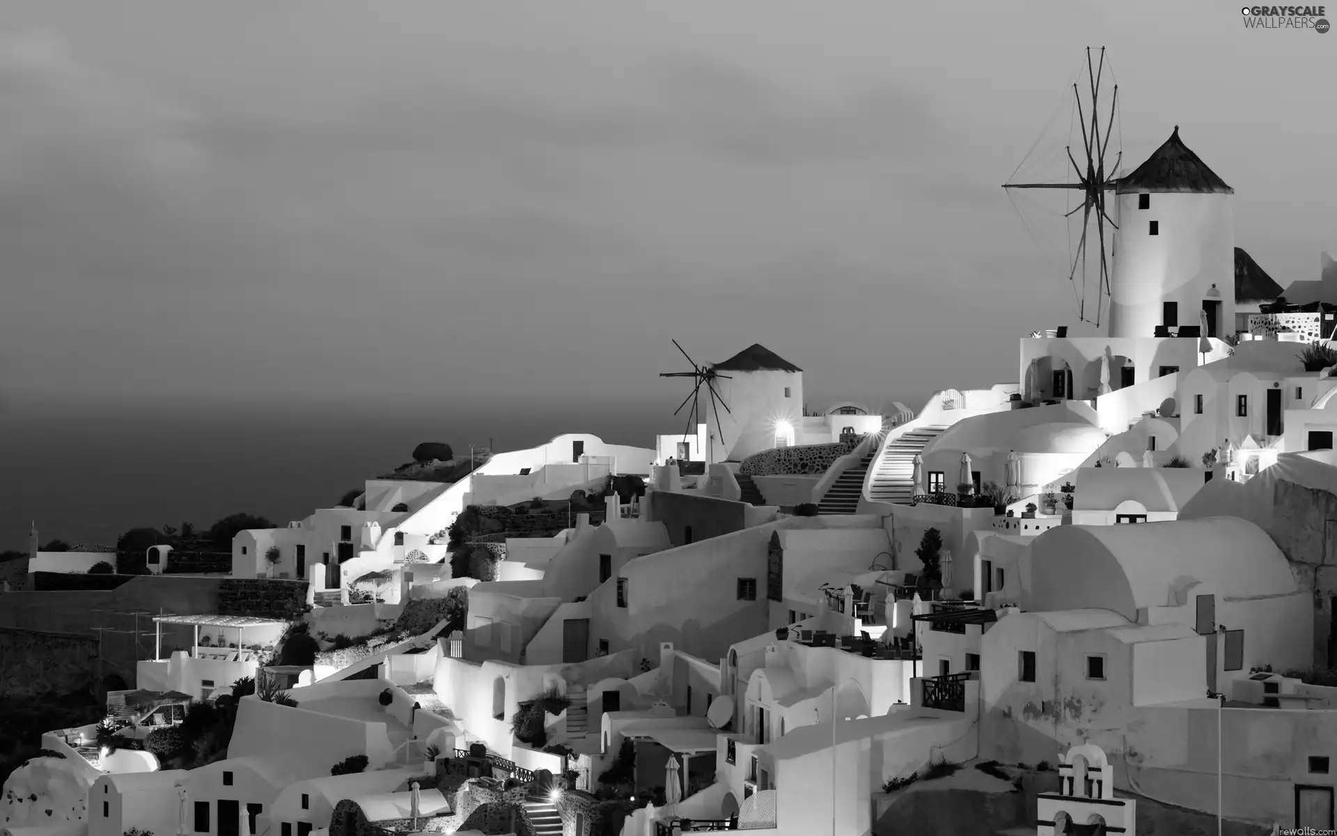 santorini, Greece, Houses, Night, Windmills