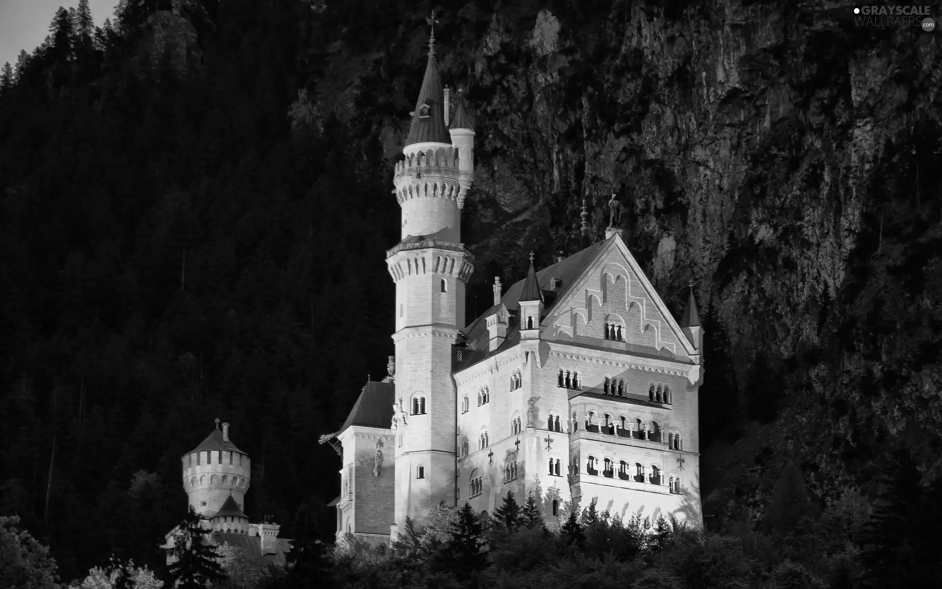 Schwangau, Germany, Night, rocks, viewes, Bavaria, Neuschwanstein Castle, trees