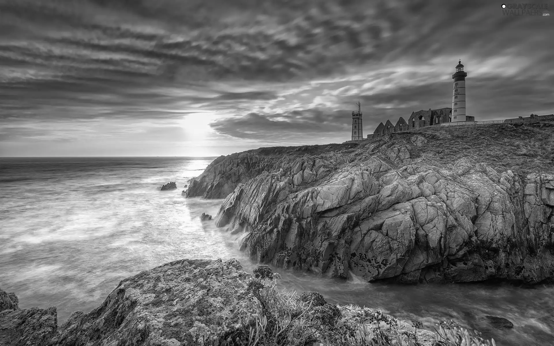 sea, Brittany, Saint-Mathieu Lighthouse, Plougonvelin, France, rocks, Great Sunsets