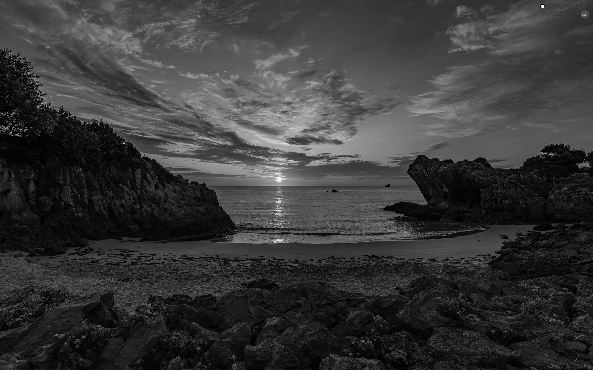viewes, Beaches, rocks, Great Sunsets, Stones, sea, Sand, reflection, clouds, trees