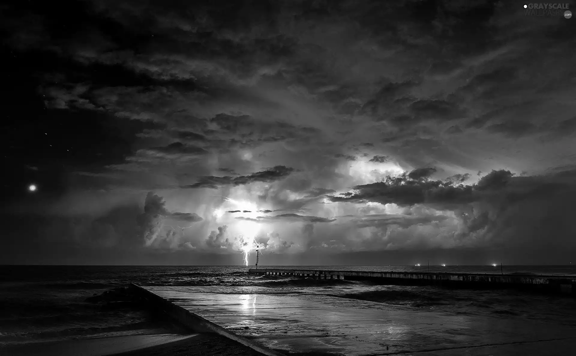 sea, lightning, Storm