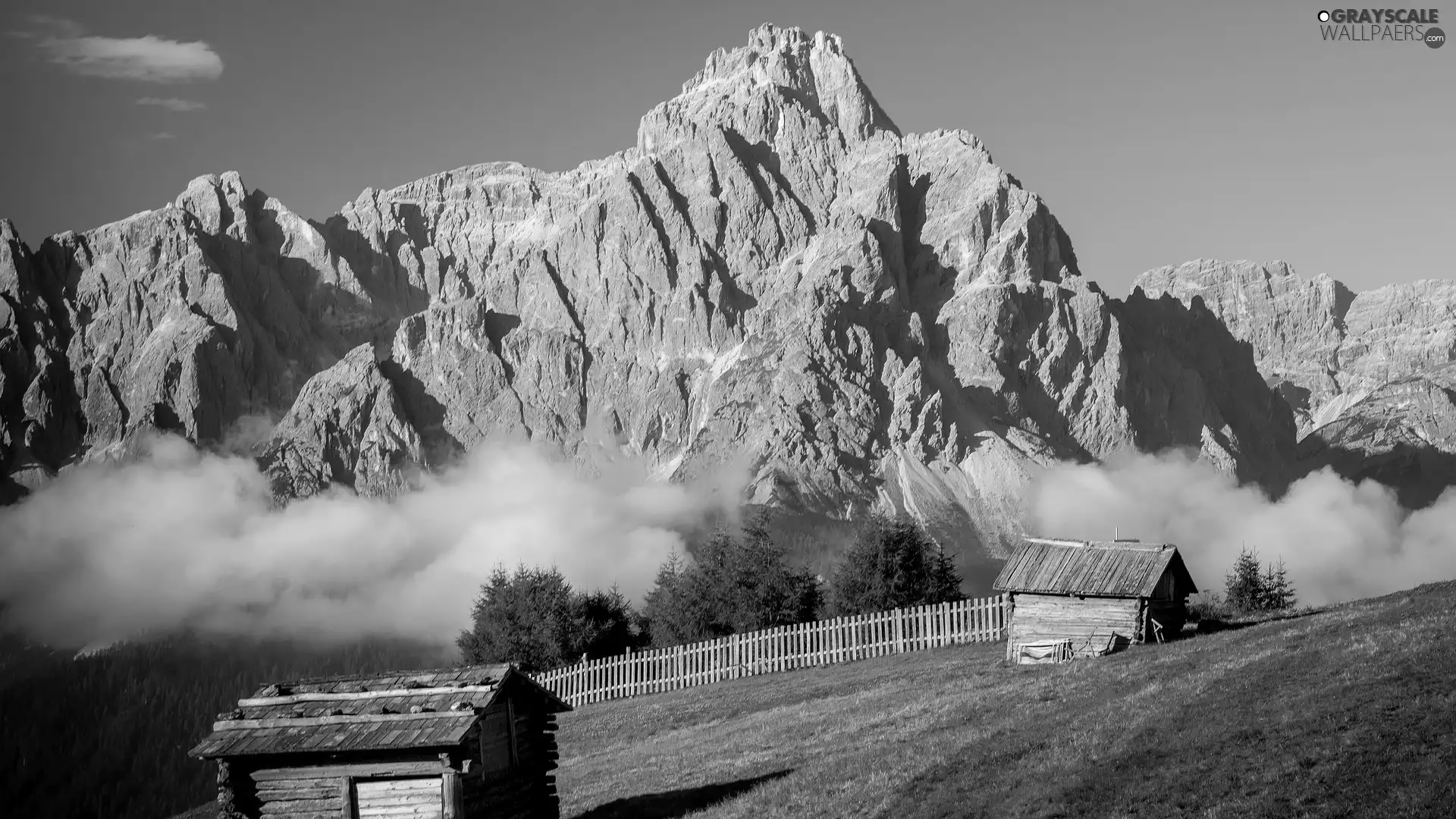 trees, viewes, Dolomites, Fance, Fog, Meadow, Mountains, Sheds