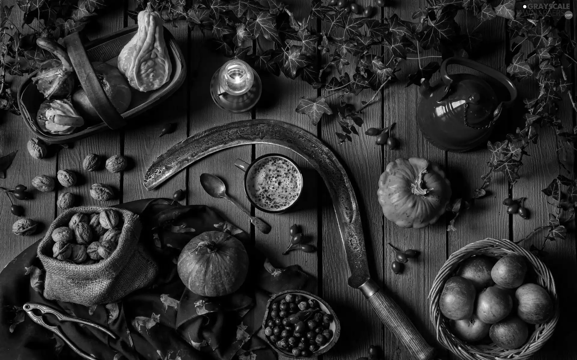 sickle, composition, pumpkin, apples, coffee, Plant, kettle, Cup, nuts