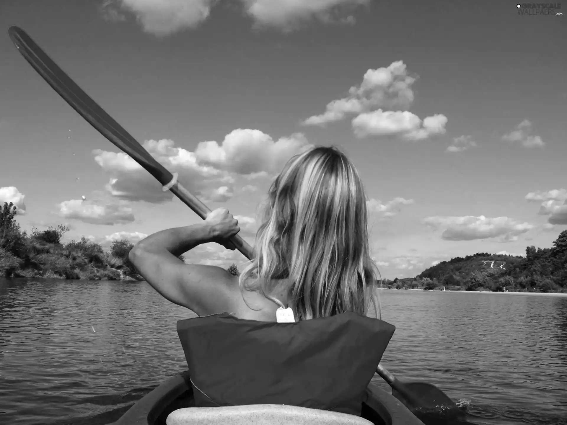 Women, lake, Sky, Kayak