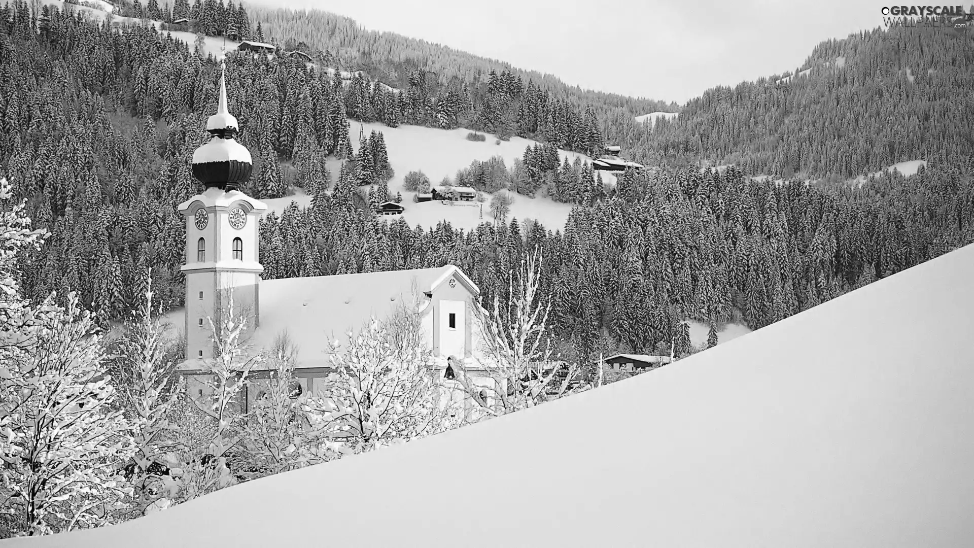 snow, Church, forest