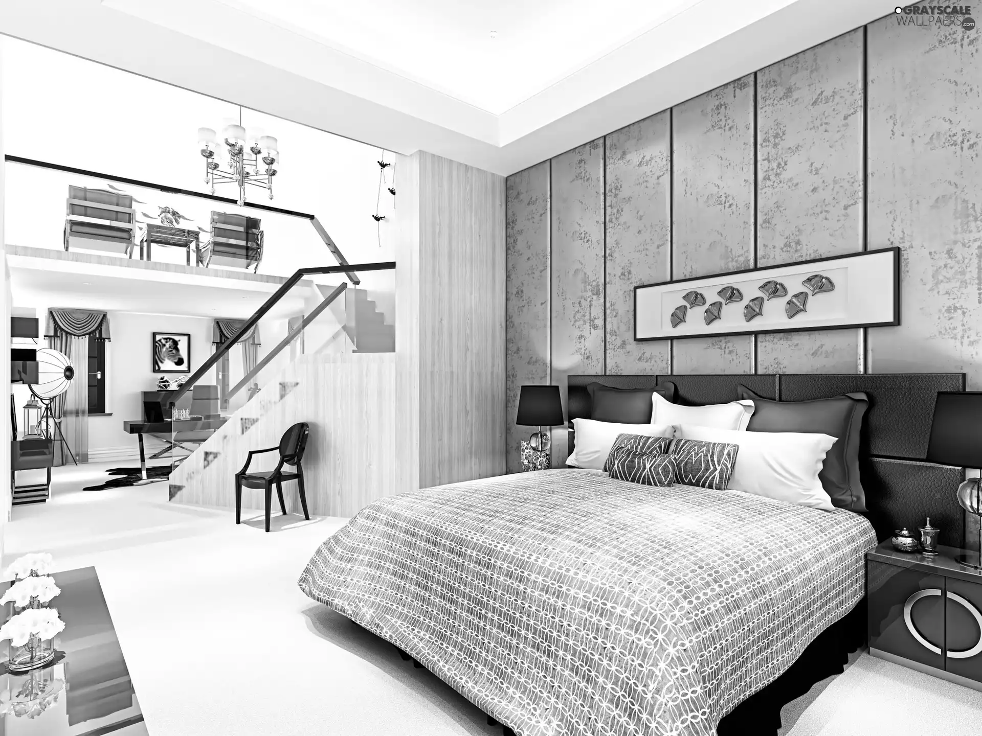 Bedroom, Stairs, Mezzanine, White Bed