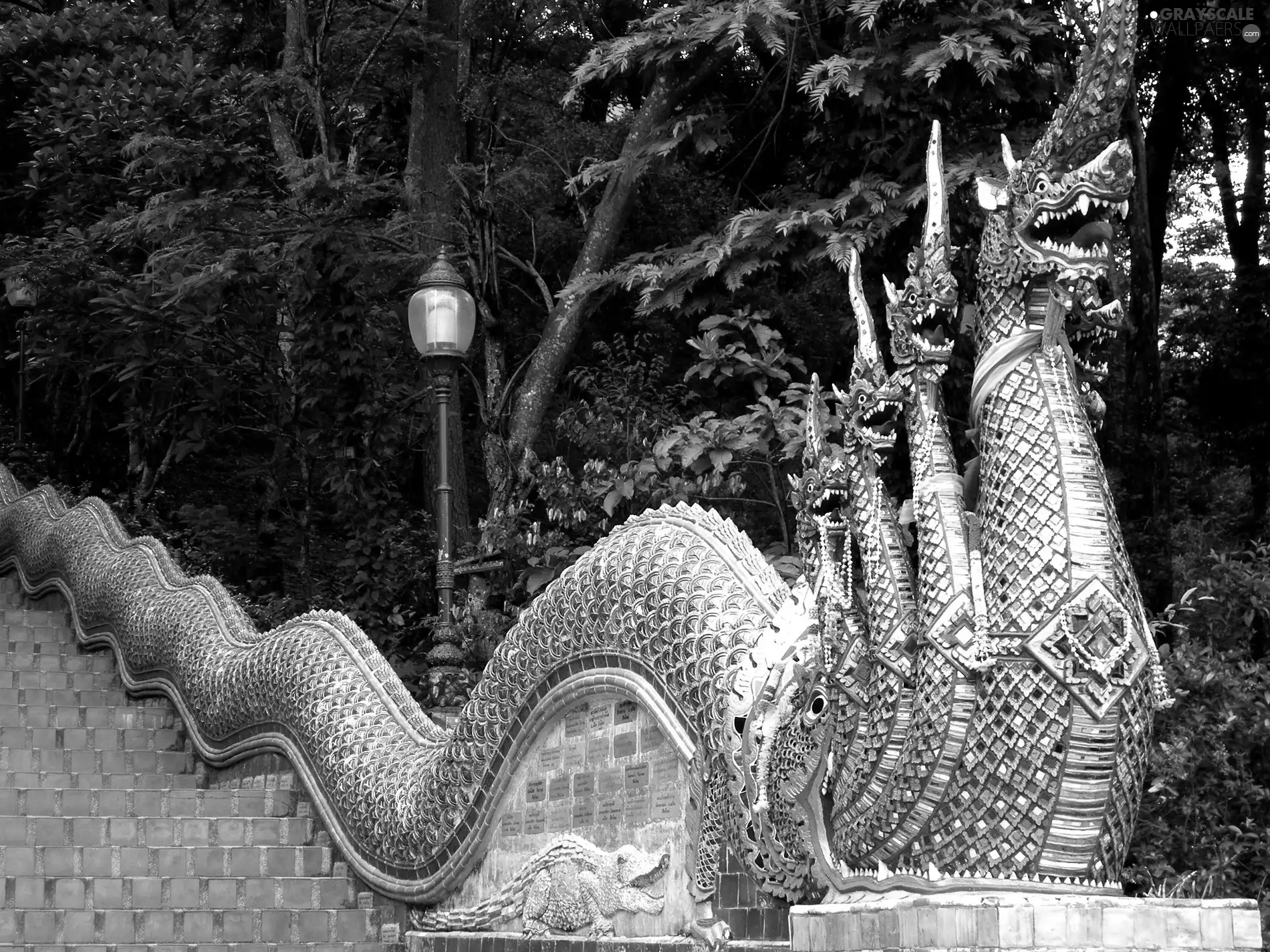 Stairs, Thailand, Statue monument, Dragon, Park