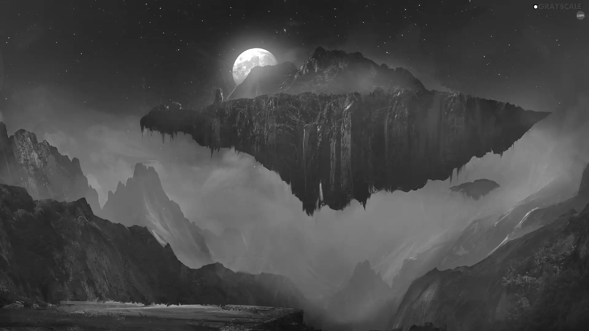 Mountains, graphics, Night, star, moon, fantasy