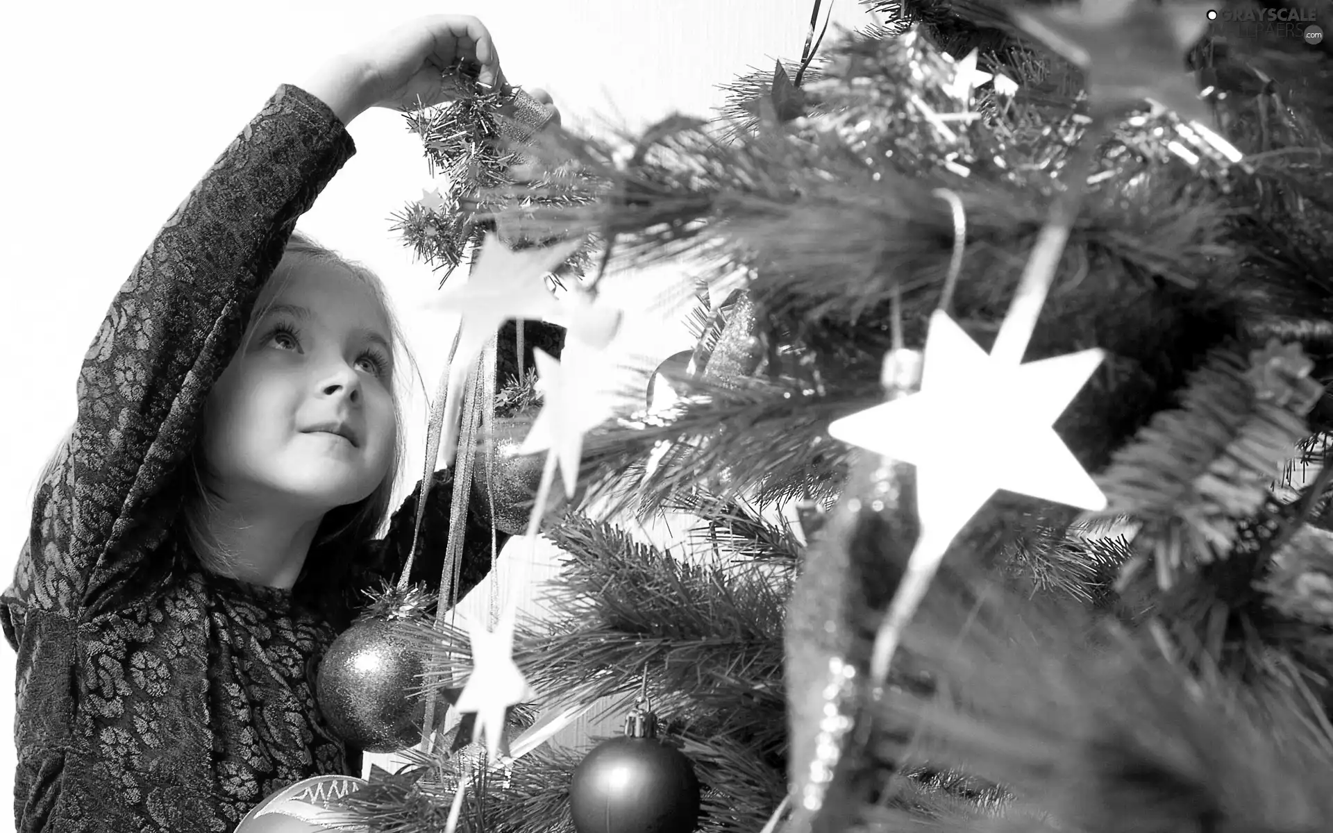 girl, baubles, Stars, christmas tree