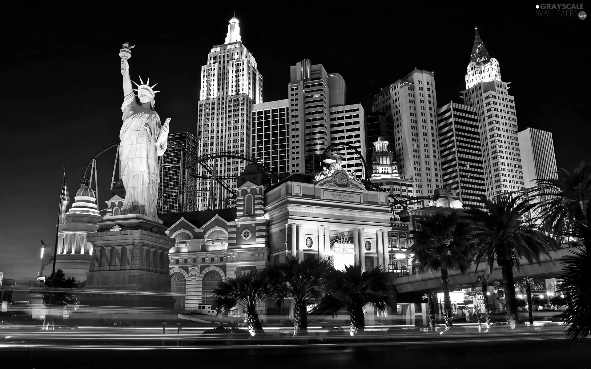 freedom, casino, clouds, statue, Hotel hall, skyscrapers, City at Night