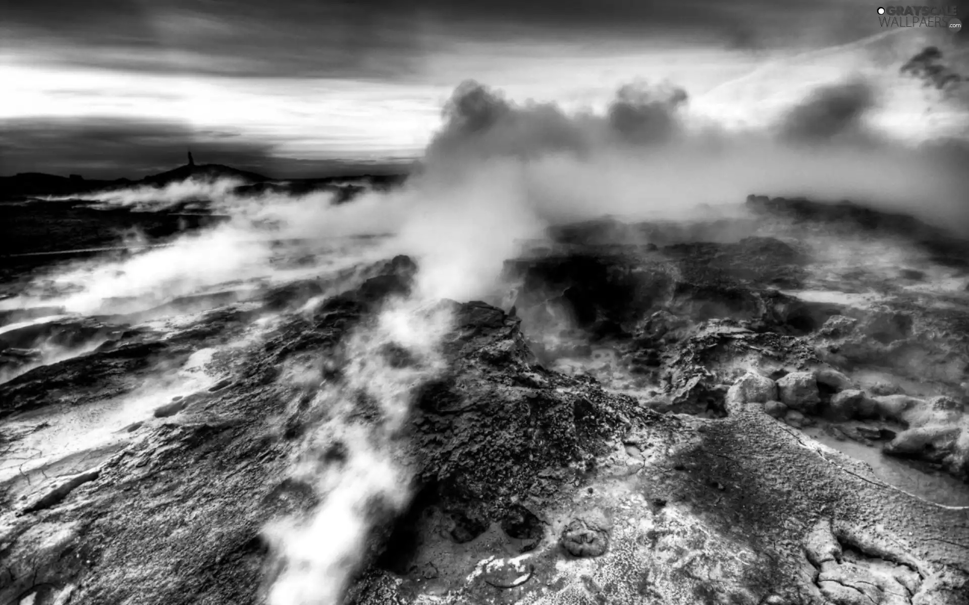 Steam, rocks, volcano