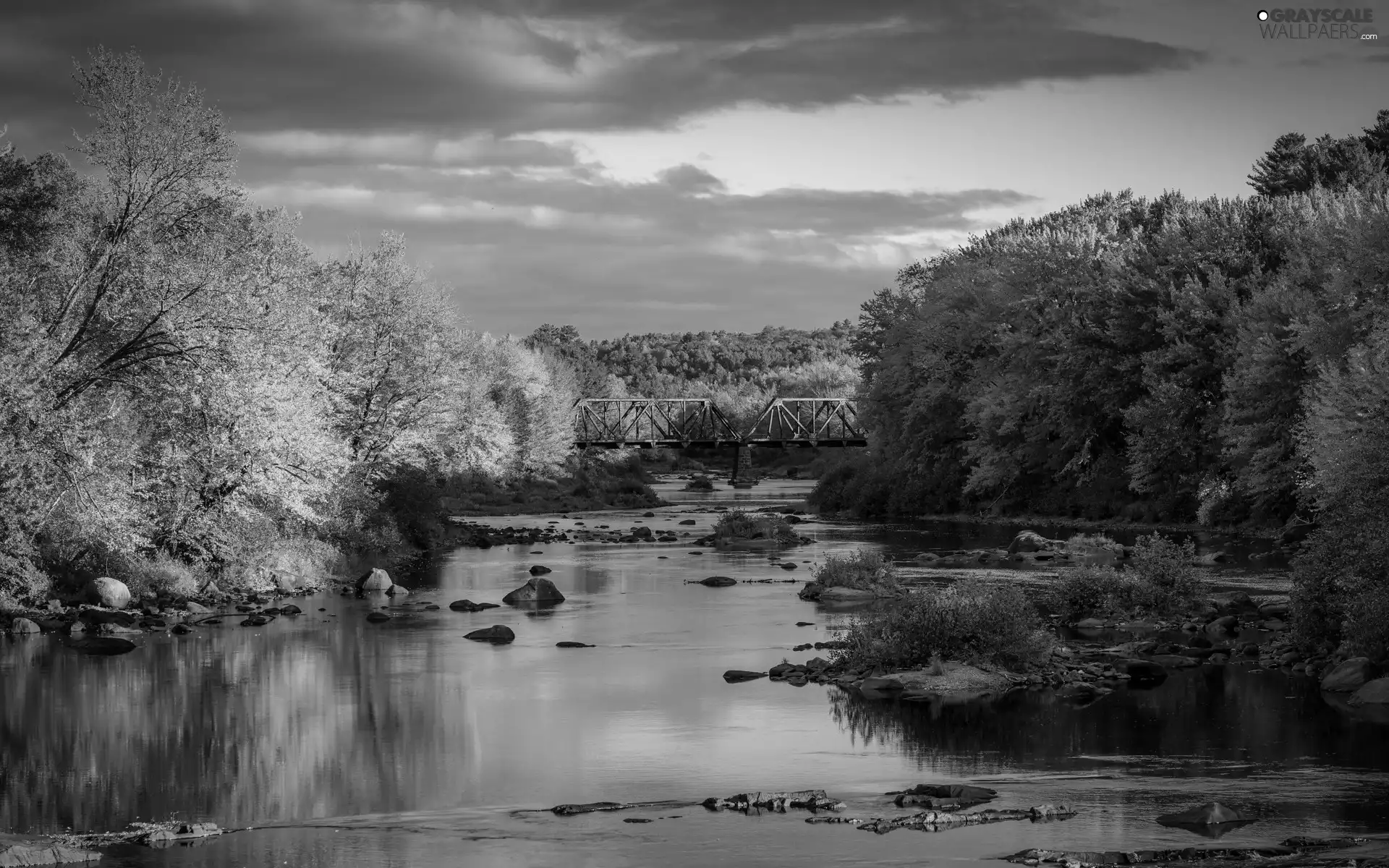 bridge, autumn, viewes, Stones, trees, River