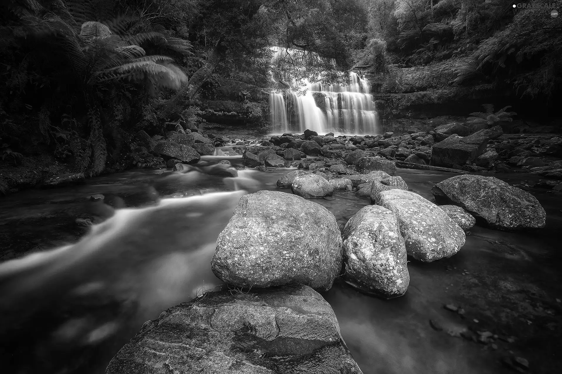 stream, waterfall, Stones