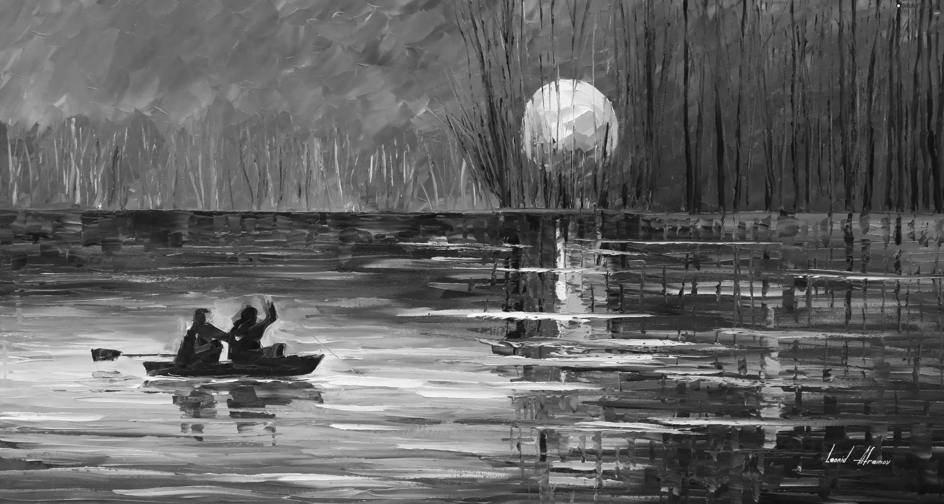 Boat, Leonid Afremov, viewes, lake, painting, trees, Sunrise