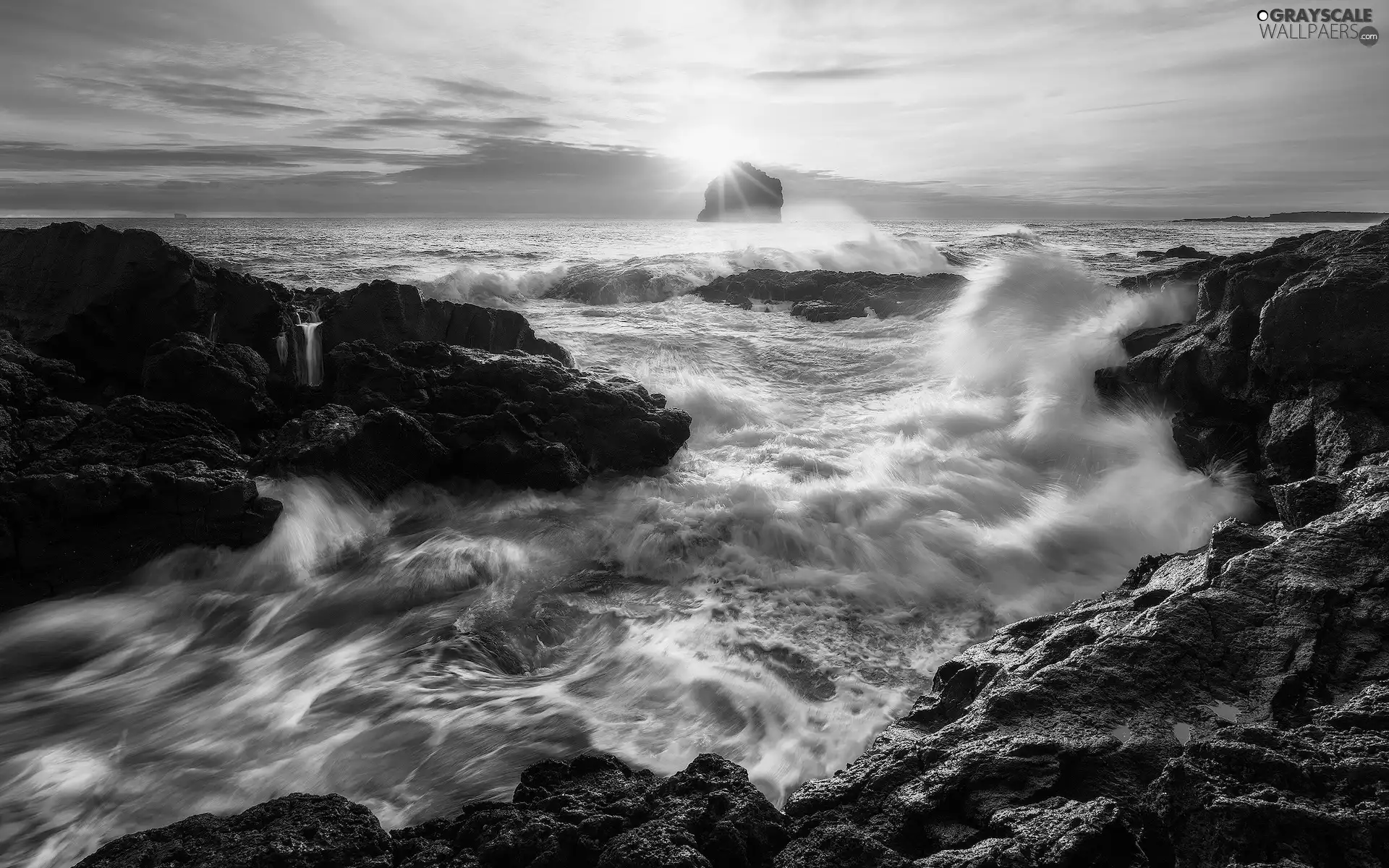 Waves, Sunrise, Coast, rocks, sea