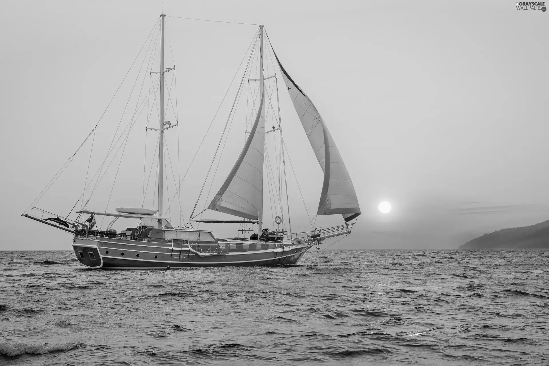 Sunrise, sea, Yacht