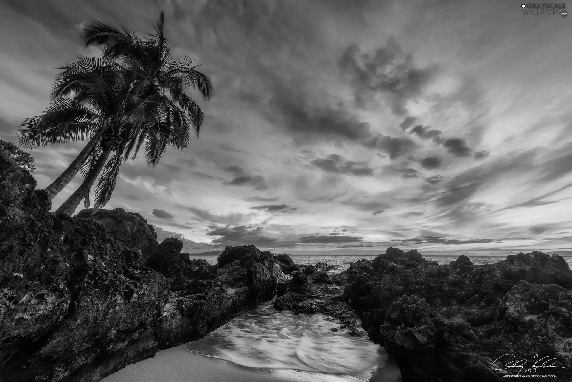 sea, Aloha State Hawaje, clouds, rocks, Palms, Great Sunsets