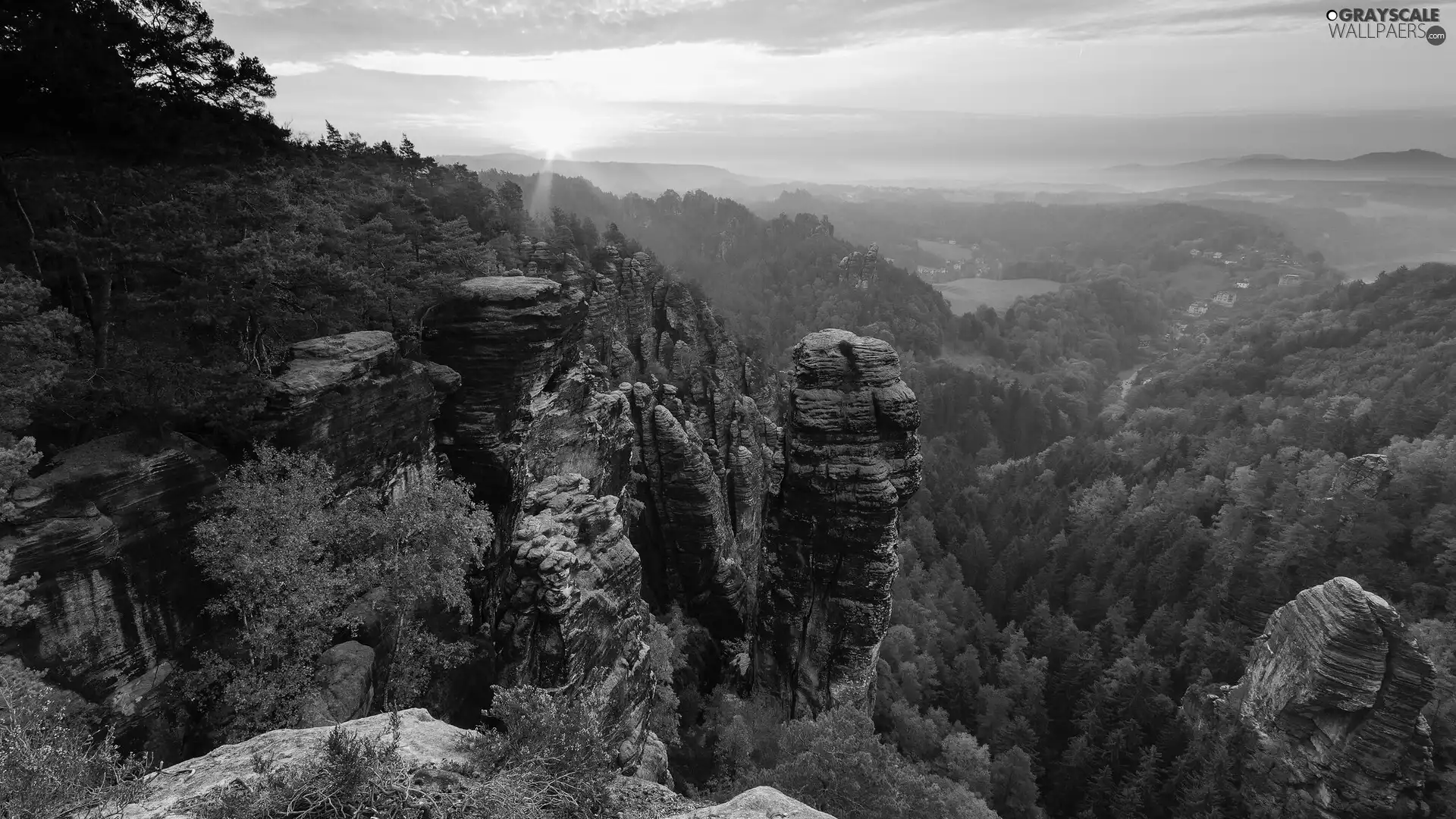 viewes, rocks, Saxon Switzerland National Park, trees, Děčínská vrchovina, Great Sunsets, Germany