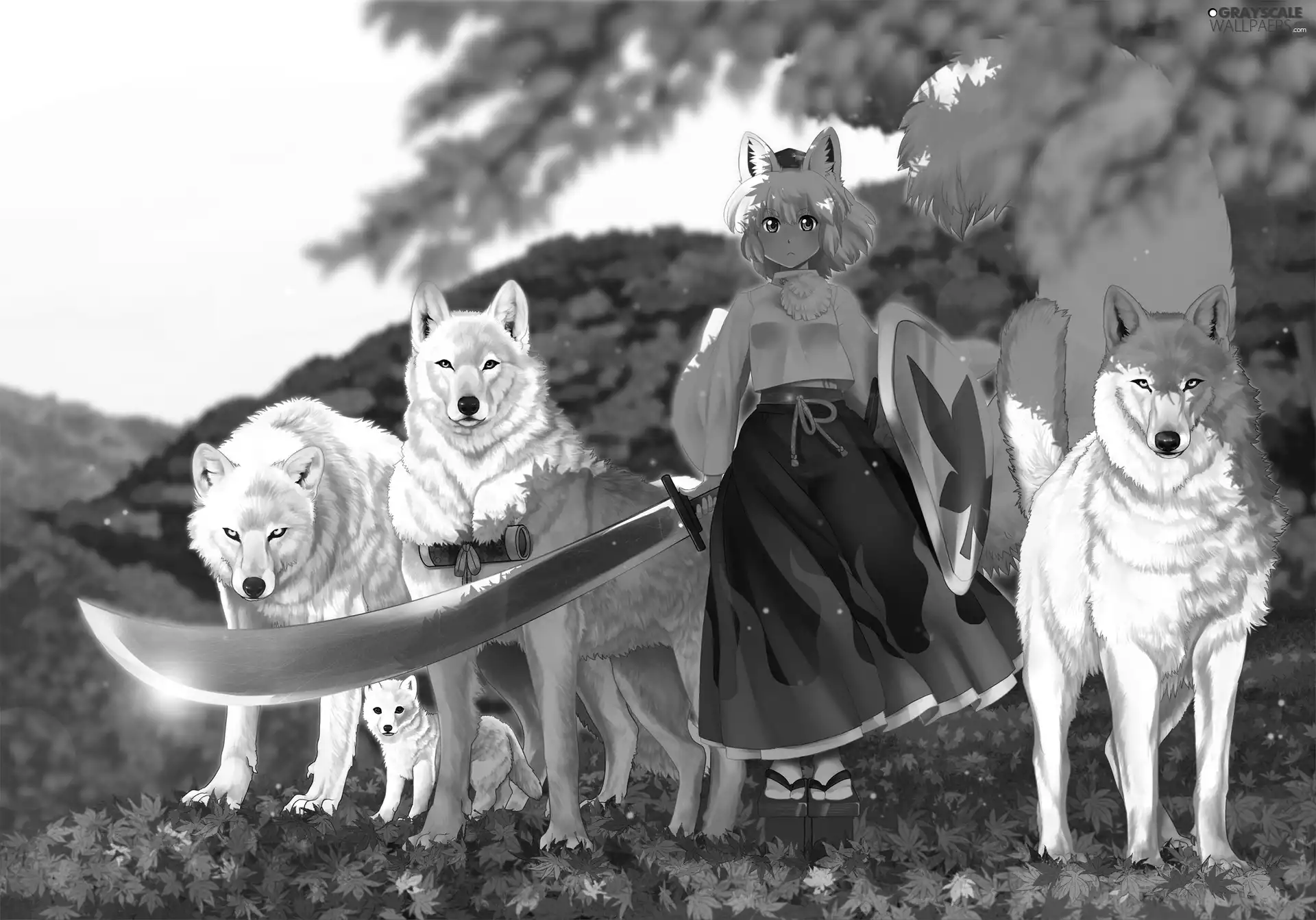 Anime, wolves, sword, girl