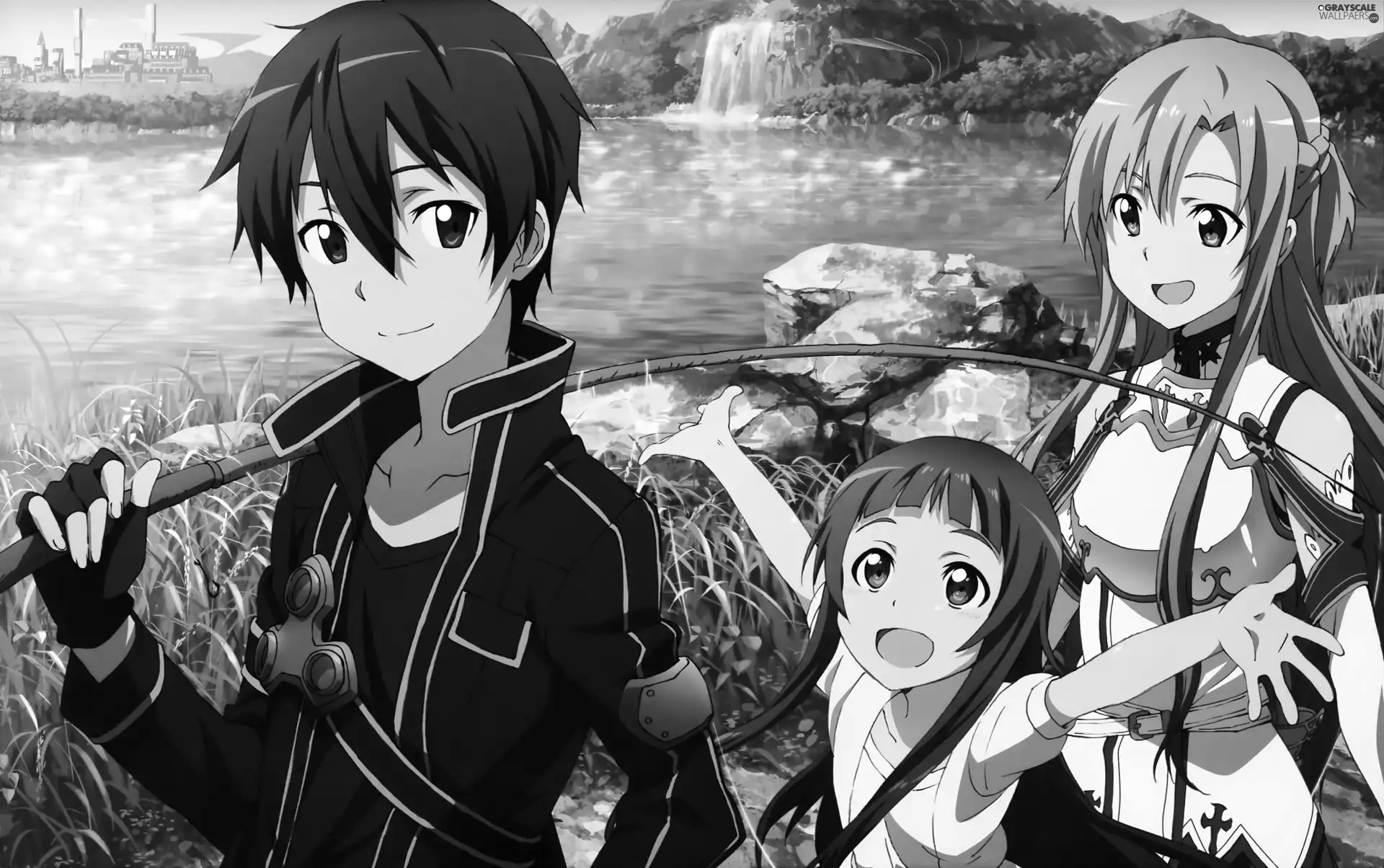 boy, Kirito, fishing rod, girl, girl, Sword Art Online, Anime, Asuna