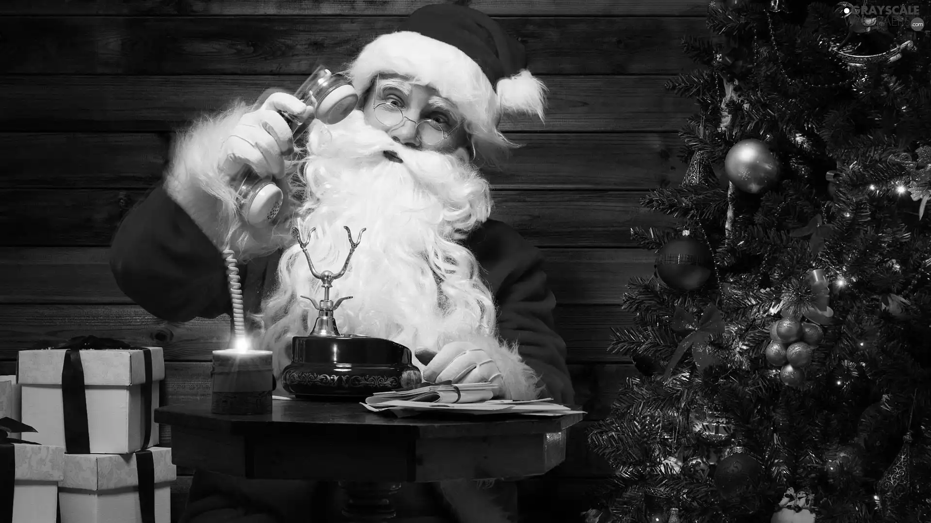 Santa, christmas tree, Telephone, gifts