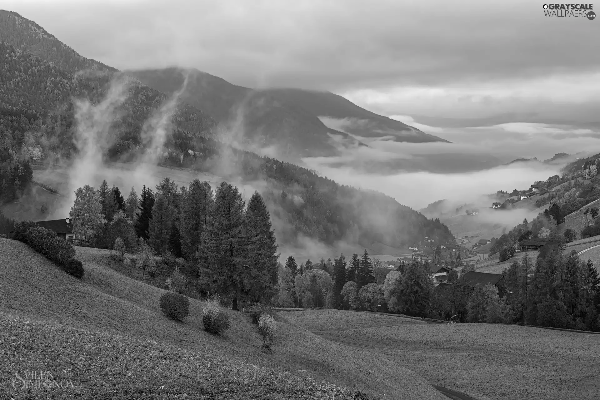 viewes, country, Mountains, Houses, Dolomites, Italy, Santa Maddalena, Fog, The Hills, trees