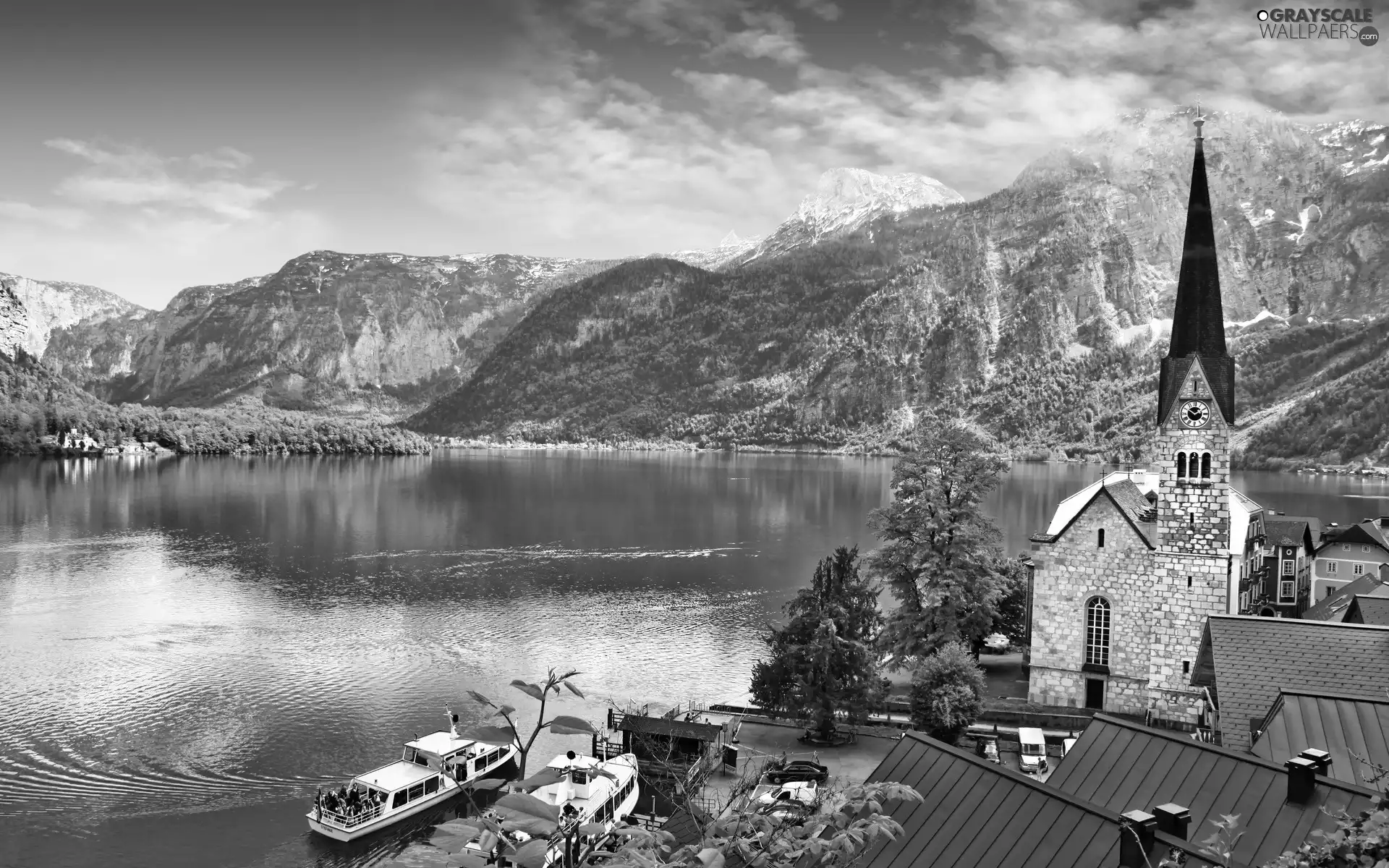 Town Hallstatt, Austria, church, Cruise Ships, Hallstättersee Lake, Salzburg Slate Alps
