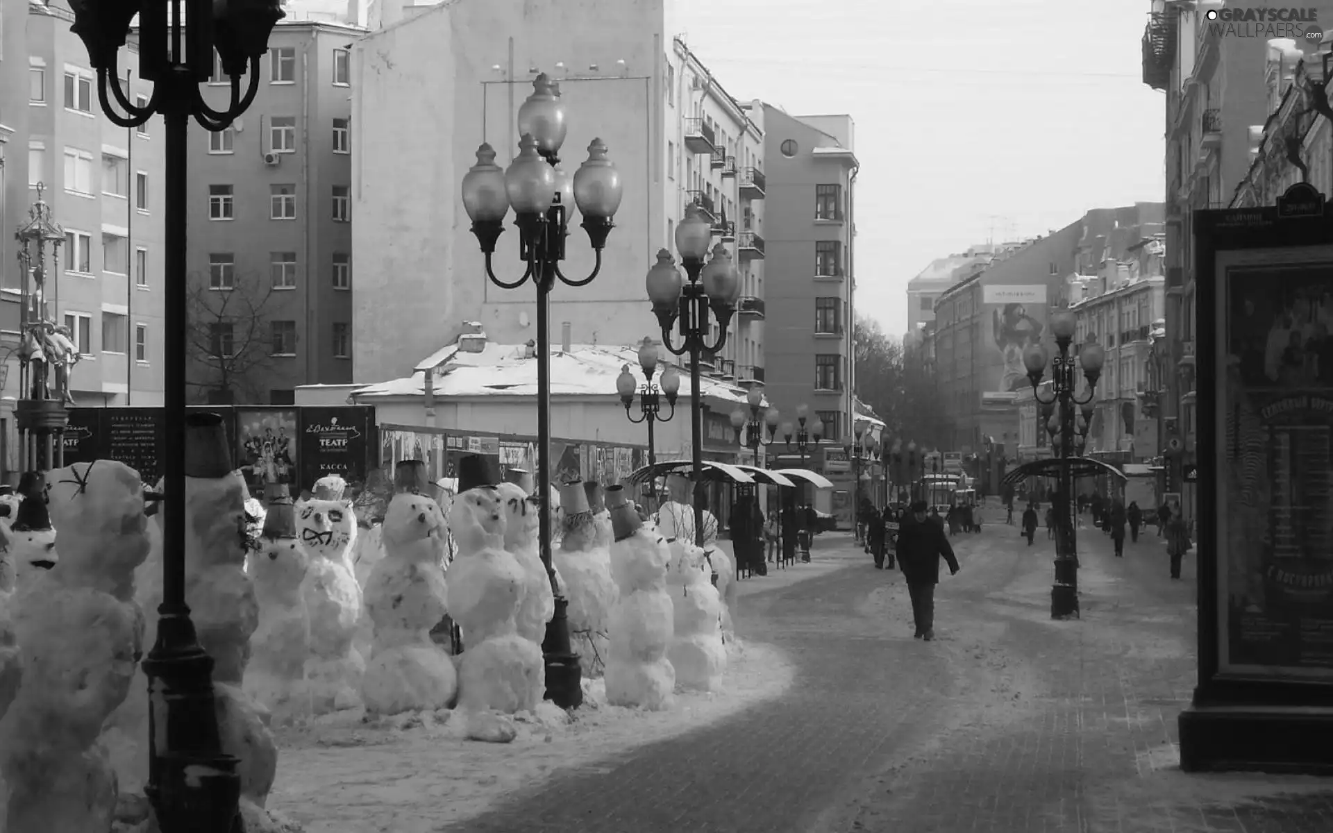 Street, snowmen, Town, lanterns