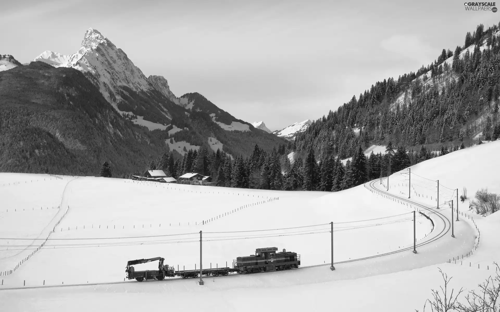 Train, winter, woods, colony, Mountains