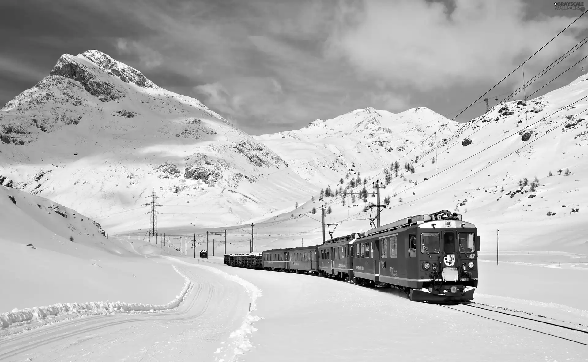winter, Red, Train, Mountains