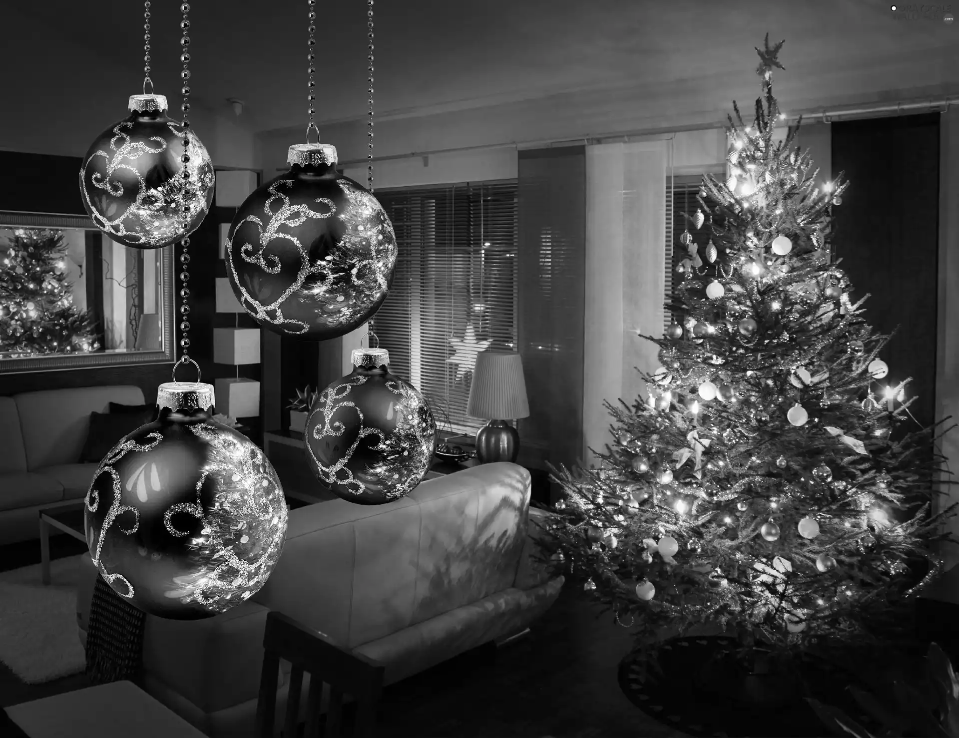 christmas tree, baubles, Sofa, wine glass, Room