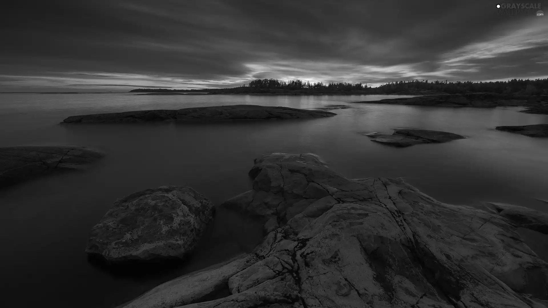trees, Lake Ladoga, clouds, rocks, Russia, viewes, Great Sunsets