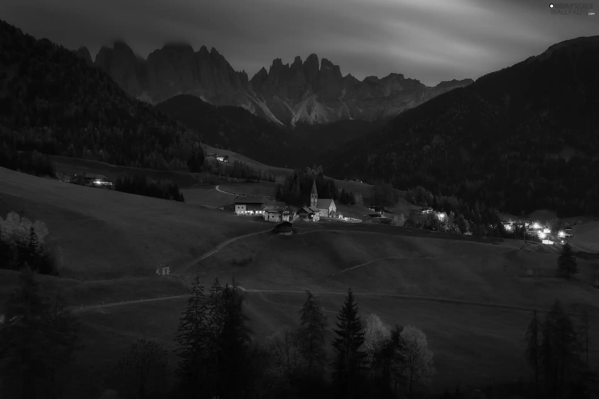 Mountains, Italy, woods, Dolomites, viewes, twilight, Church, Village of Santa Maddalena, Val di Funes Valley, Houses, trees