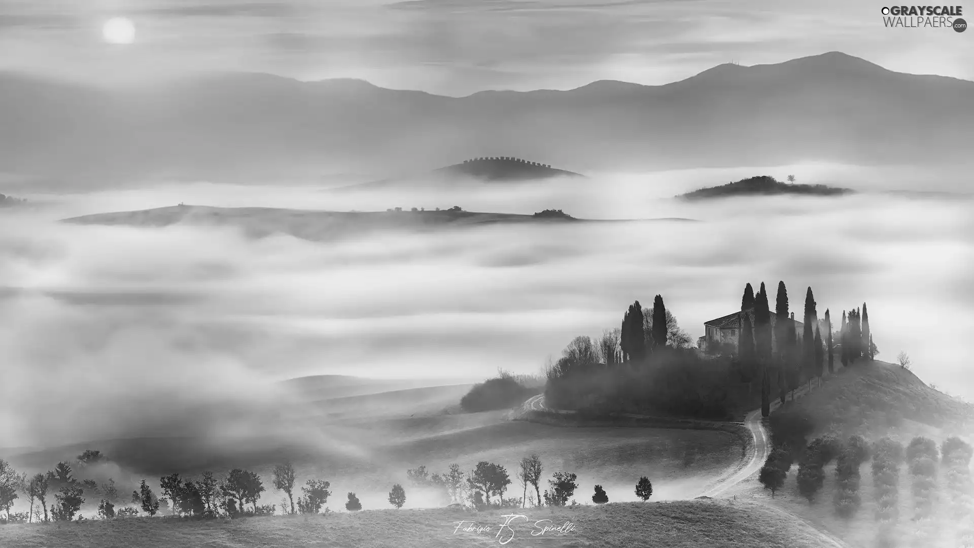 Tuscany, Italy, Hill, Fog, Way, house, viewes, cypresses, trees